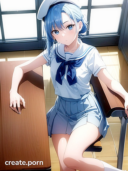 Skinny Girl 18+ with Blue Eyes in Sailor-School Uniform Enjoying Steamy Hentai AI Image