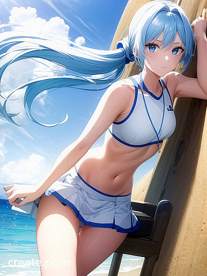 Beach Babe in White and Blue Bikini Amidst Umbrellas Enjoys Steamy Hentai AI Image