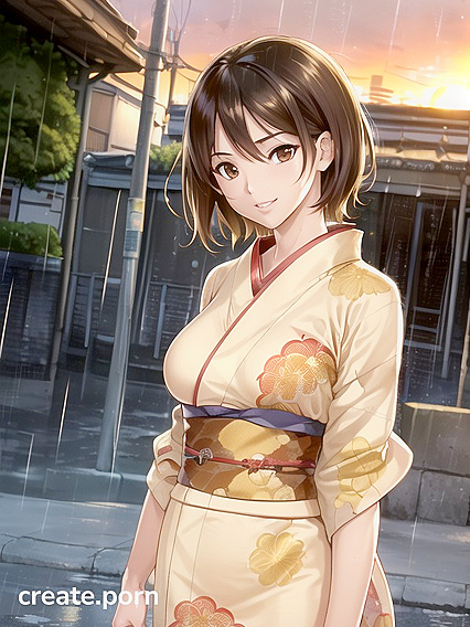 Raining Desires - Brown-Eyed Beauty in Vibrant Manga Hentai AI Image