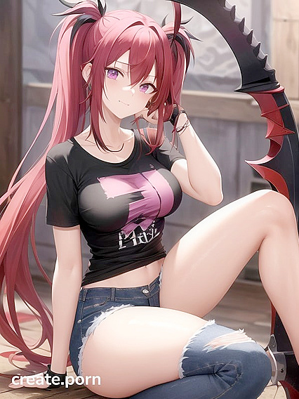 Kneeling Cutie with Tattered Outfit Wields Fiery Scythe in Horny Hentai AI Image