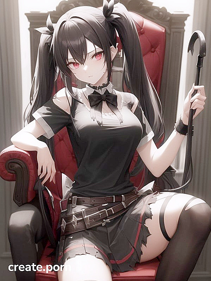 Goth Girl 18+ with Pigtails and Bows Sitting on a Throne in Tattered Clothes for Busty Hentai Pleasure