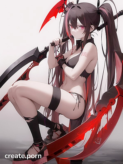 -soaked Beauty with Ripped Clothes Wields Fiery Scythe in Horny Full-body Hentai AI Image