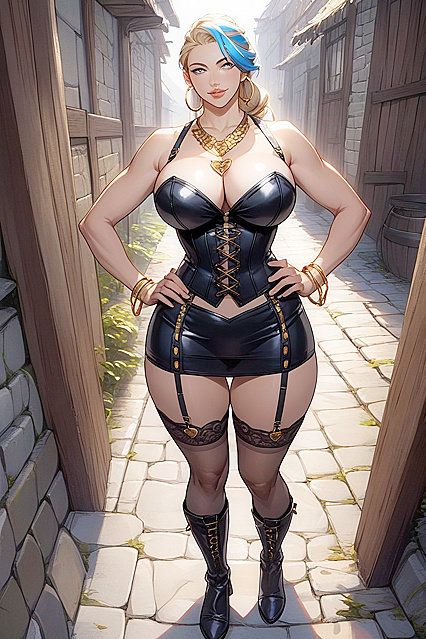 Dwarf Wears Low-Cut Black Leather Corset with Blue Accents in Steamy Hentai AI Image