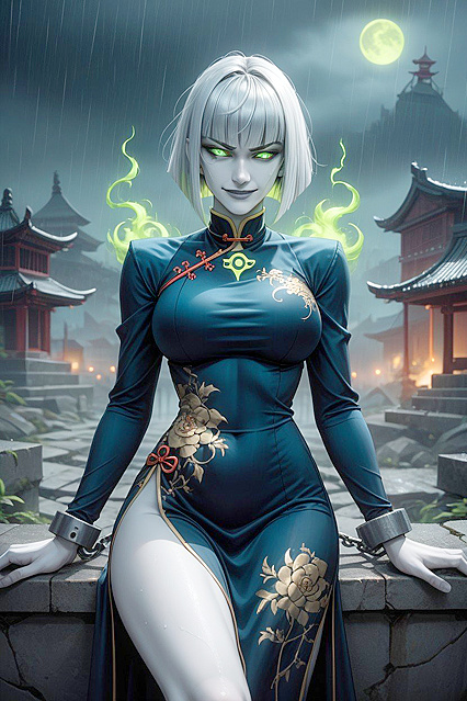Gray-Haired Undead Woman Wields Massive Bone Scythe on Graveyard Cliff in Smug Hentai AI Image