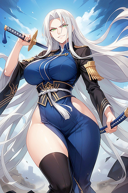 Round Breasts and White Hair in Intense Battlefield Hentai AI Image