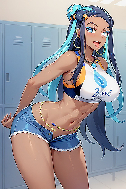 Nessa from Pokémon Smiles Wide in Denim Shorts for Seductive Hentai AI Image