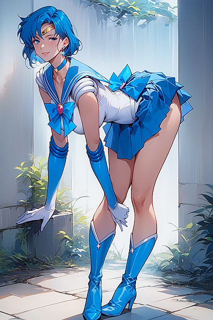 MILF Bends Over in Knee-High Blue Boots for Steamy Hentai AI Image