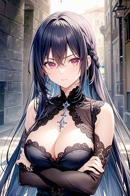 Soft Pastel Noir with Seductive Red Eyes Hentai Hentai AI Image