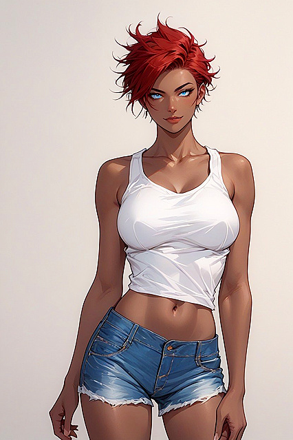 Red-Haired Girl 18+ in Jeans Shorts Gets Wild in Ultra Short Hairstyle Hentai AI Image