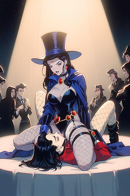 Zatanna's Magical Seduction - Black Top Hat, Red Stripe, and Fishnets in Hentai AI Image