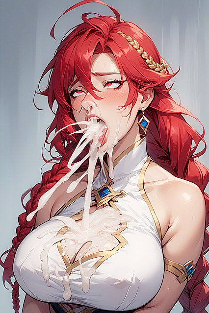 Shining Red-Eyed Beauty Cums Intensely From Mouth and Nose in Hentai AI Image