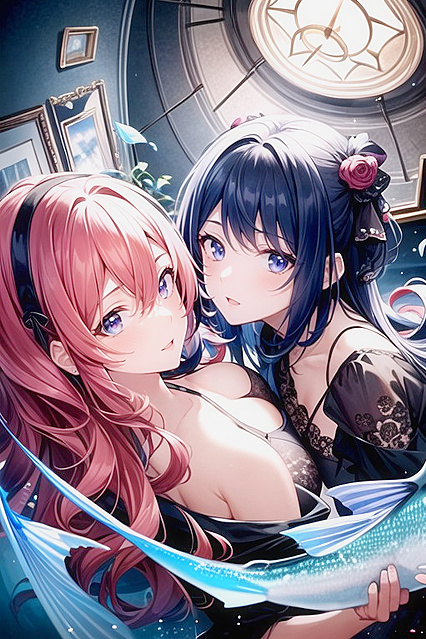 Close-Up Intimacy with Two People Lit by Seductive Lights in Hentai Hentai AI Image