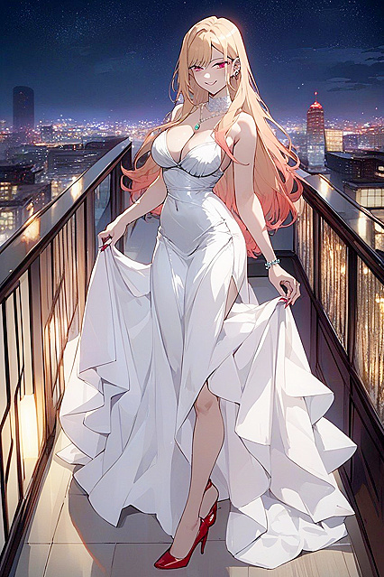 Kitagawa Marin from Sono Bisque Wa Koi wo Suru in a Sultry Red Silk Evening Dress Hentai AI Image