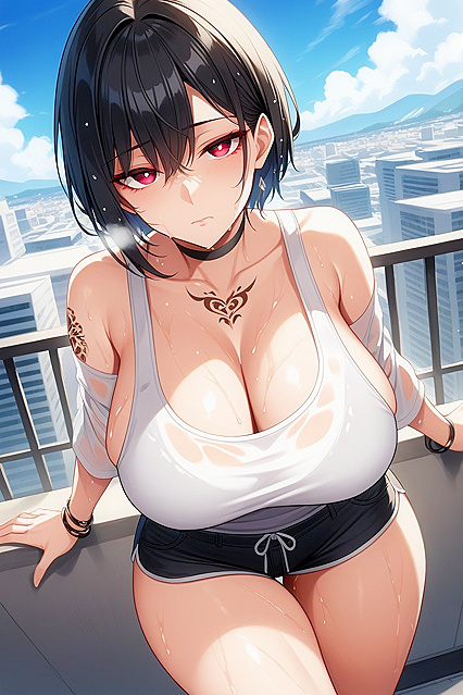 Mature Woman in Hot Pants Enjoying SteamyStraight Hair Hentai AI Image