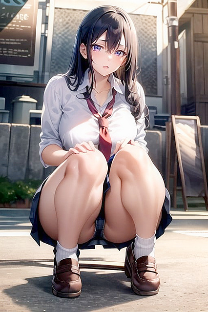 School Uniform Front View Squatting Hentai AI Porn