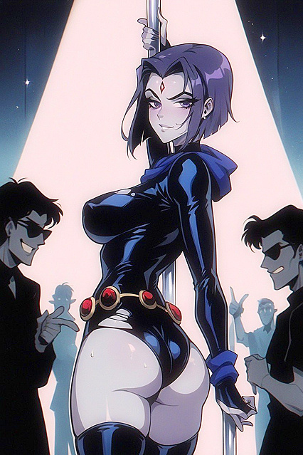 Raven's Hands Bound Behind Her as She Rips off Clothes with a Crowd Watching Hot Hentai AI Image