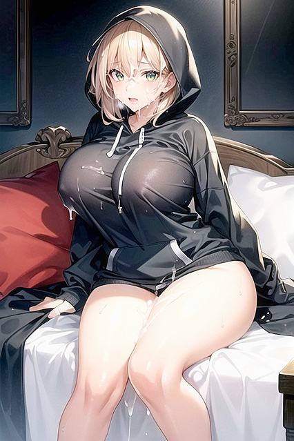 Sitting in Bed Wearing a Hoodie for Steamy Hentai AI Image