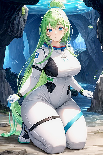 Green-Haired Girl 18+ Gets Rained On in Cave for Steamy Hentai AI Image