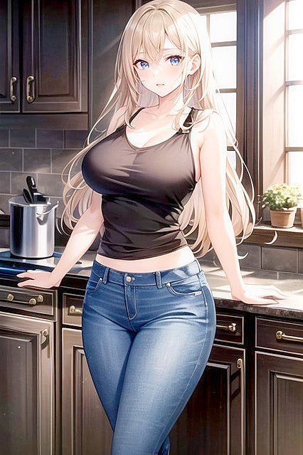 Blonde with Blue Eyes Enjoying Kitchen hentai Fantasies Hentai AI Image