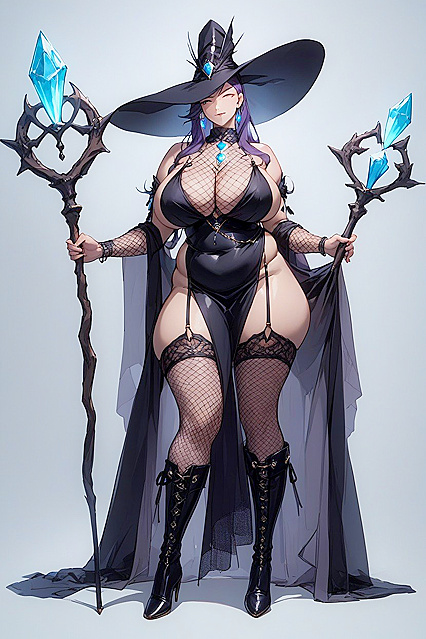 Glowing Emerald Staff and Black Hat slut with Long Natural Bangs in Hentai AI Image