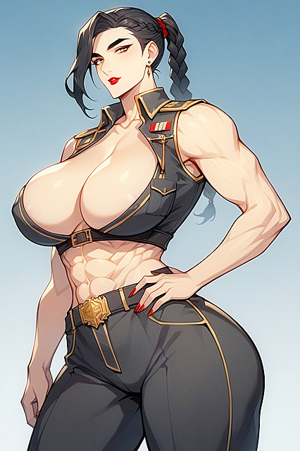Thick-Eyebrowed Seductress with Black Hair and Massive Ass in Gray Hentai Outfit