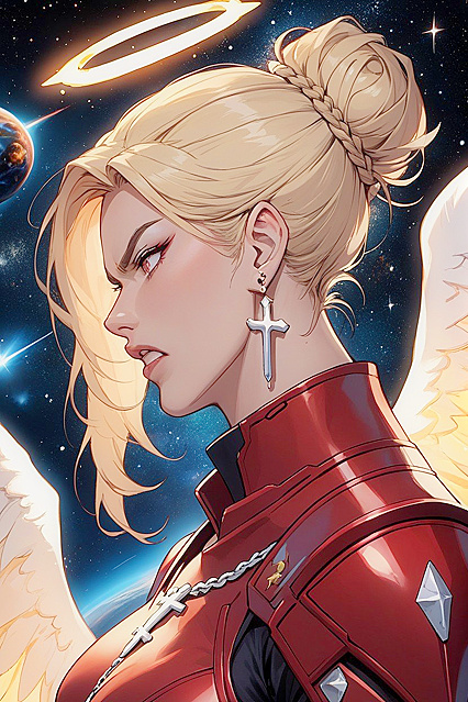 Blonde With Bun and Red Armored Forearms Seduces on a Volcanic Lava Planet