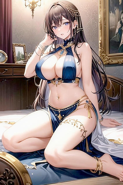 Exotic Fit Brunette in Belly Dance Outfit Teases with Pierced Navel and Round Breasts