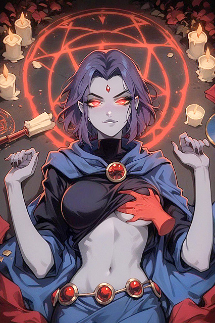 Raven with Red Eyes Gropes Breasts Amidst Mysterious Glowing Circles