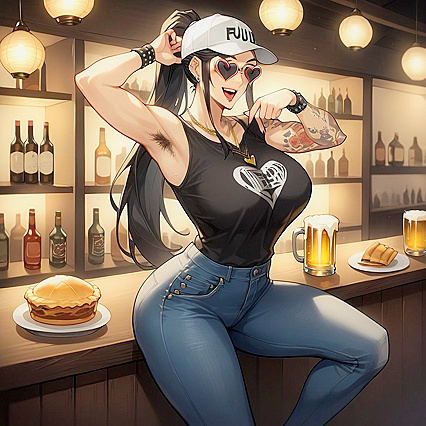 Behind the Counter - Black-Haired Beauty with Wristband in Hentai AI Image