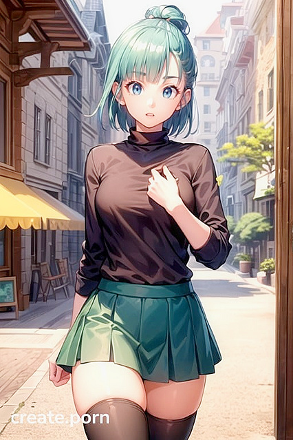 Bulma from Dragon Ball Z Wears-Thigh-High-Socks for Steamy Skirt Hentai AI Image