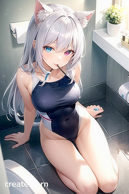 Kneeling in Swimsuit with Cat Ears for Intense Hentai Pleasure