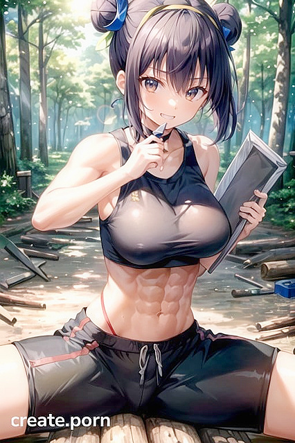 Bun-Topped Beauty in Cargo Pants Rocks Out in Busty Hentai AI Image