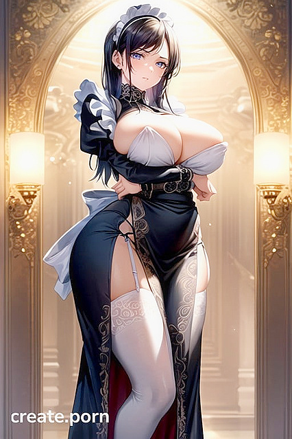 Victorian Fantasy Maid in Elaborate conservative attire, arms crossed under chest