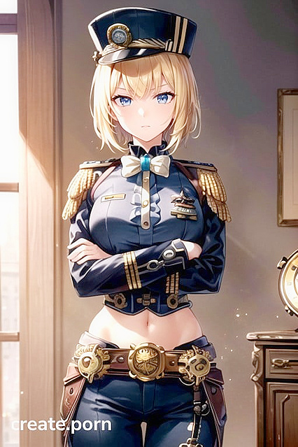 Steampunk Army Commander with Crossed Arms and Blonde Hair in Uniform Tempts You