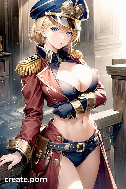 Steampunk Army Commissar with Tight Uniform and Strained Cleavage Displays Strict Discipline