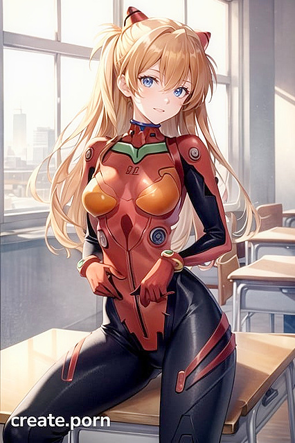 Asuka from Evangelion Seduces with Mischievous Smiles at Her School Desk