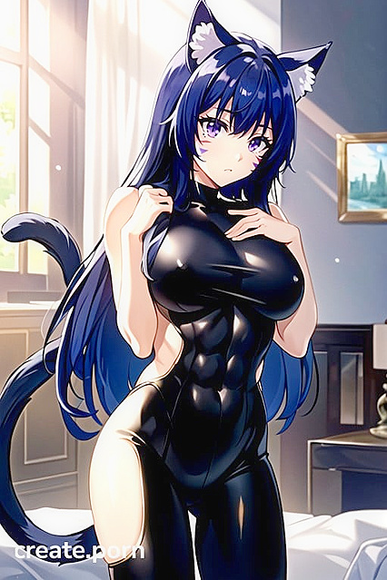 Naked Girl 18+ in Jean Shorts with Cute Cat Ears for steamy Hentai Fun