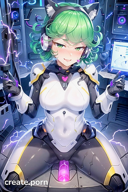 Front View Action - Sexy Robot Armor Heroine Pleases Herself on Sex Machine