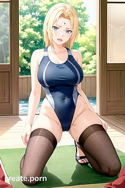 Tsunade from Naruto Kneels in Seductive Swimsuit for Intense Hentai Pleasure