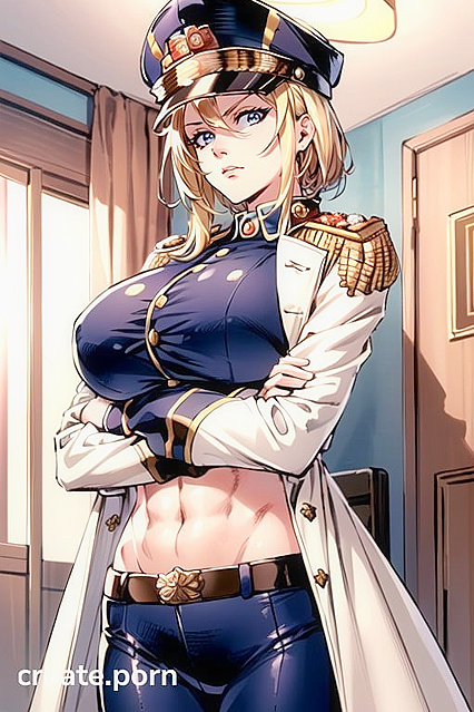 Army Commissar in Tight Uniform with Huge Tits Straining Buttons, Legs Crossed Seductively