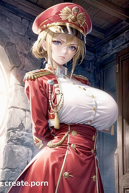 Blonde Officer with Massive Tits Strains in Tight Uniform, Arms Crossed Behind Her Back