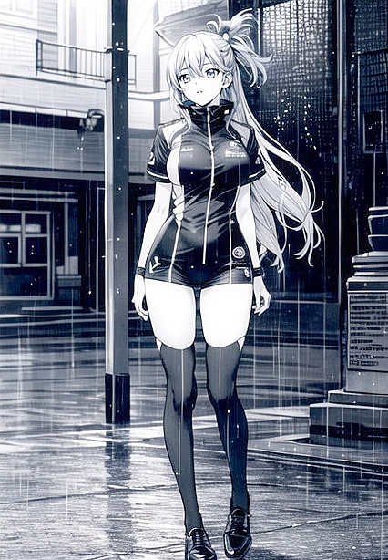Raining Full-Body Black and White Manga Hentai Images