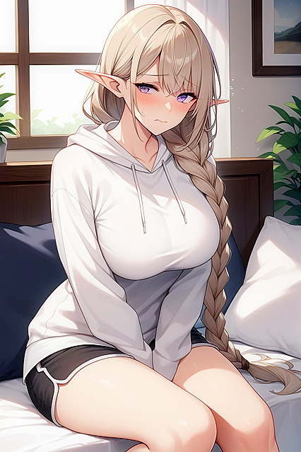White-Haired Elf with One Long Braid Pleasures Herself in Seductive Hentai Images