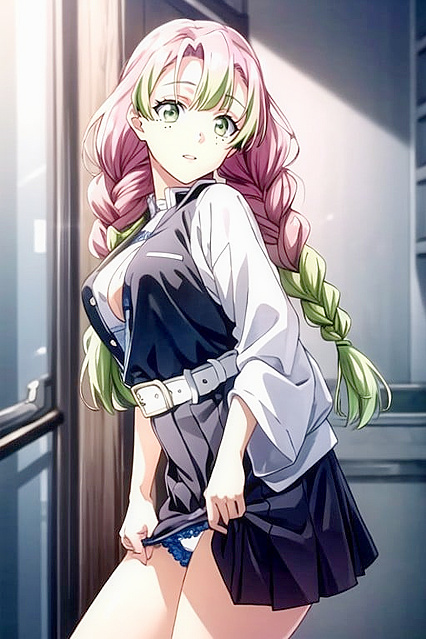 Mitsuri Kanroji in Seductive Lingerie Pulling Down Her Panties for Steamy Hentai Pleasure