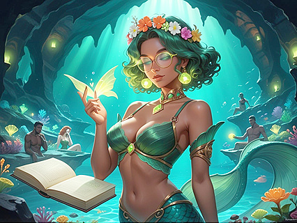 Curvy Brunette Explores Erotic underwater library in steamy hentai Images