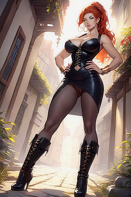 Green-Eyed Beauty Wears Black Corset and Gold Bracelets for Steamy Hentai Picture