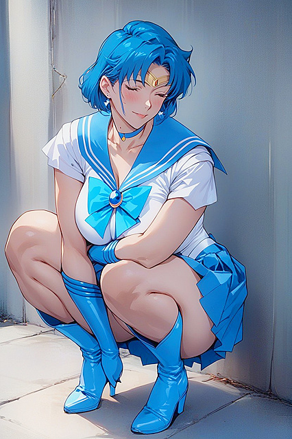 Mizuno Ami Wears Knee-High Blue Boots for Steamy MILF Hentai Picture
