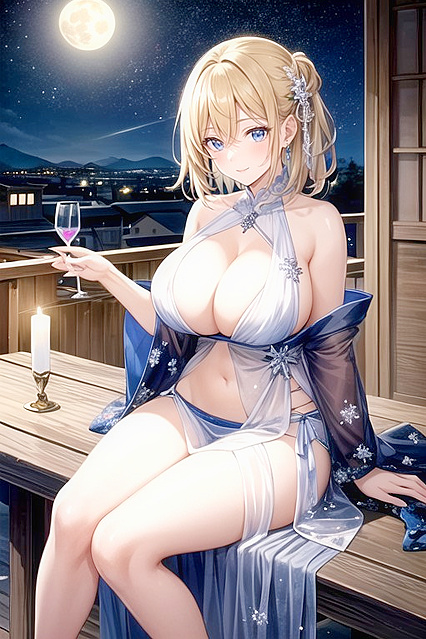 Blonde Beauty in See-Through Negligee Seduces From Her Rooftop in Hentai AI Picture