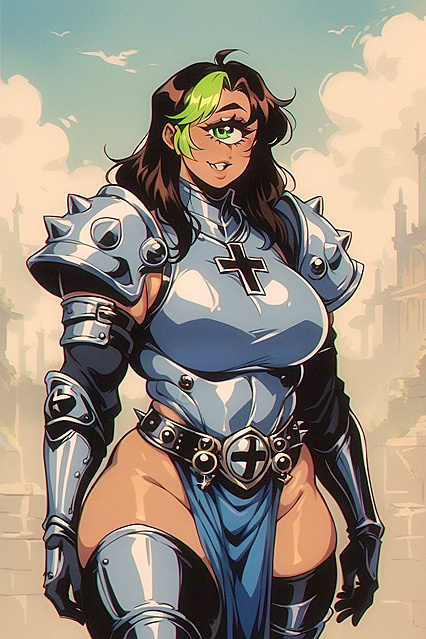 Multi-Colored Hair Babe in Armored Boots Stands Seductively in Hentai AI Picture