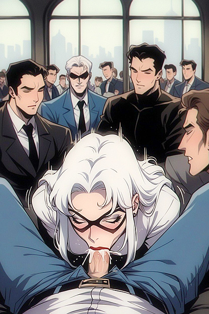 Black Cat from Marvel Seduces in Black Mask and Red Lips Amidst Crowds in Hentai AI Picture